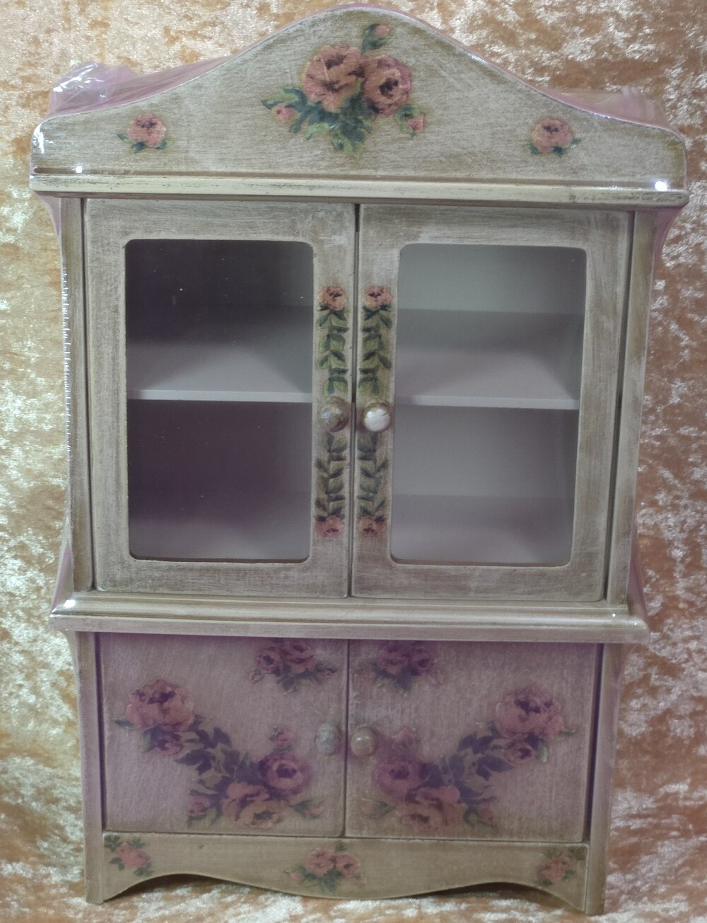 MIB Vintage Wooden Miniature Stepback Hutch Cabinet Glass Door Blue Rose